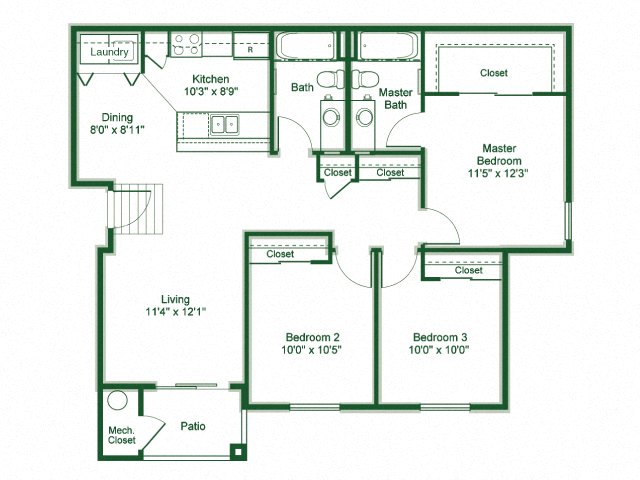 Floor plan for 3 beds, 2 baths, 1181 sqft